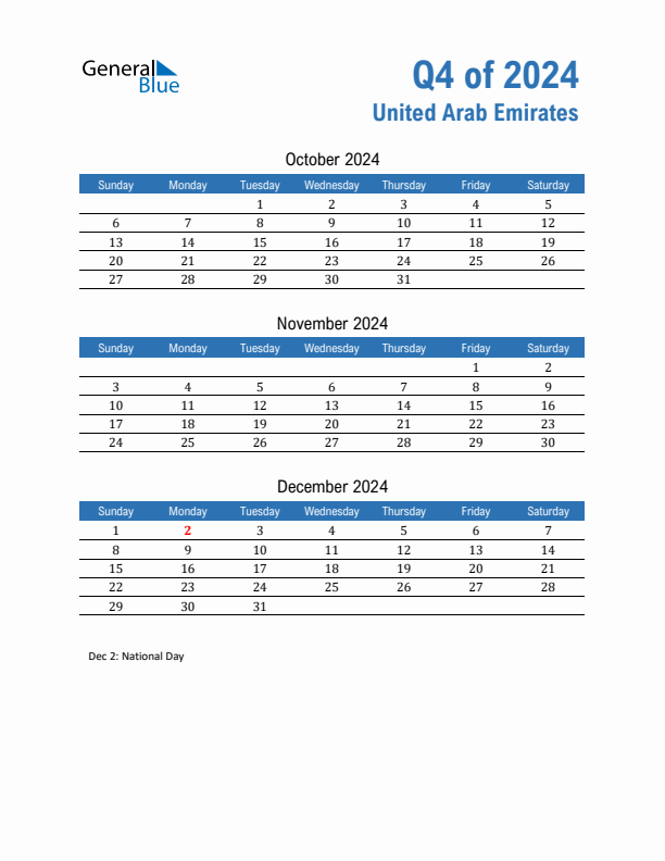 United Arab Emirates Q4 2024 Quarterly Calendar with Sunday Start