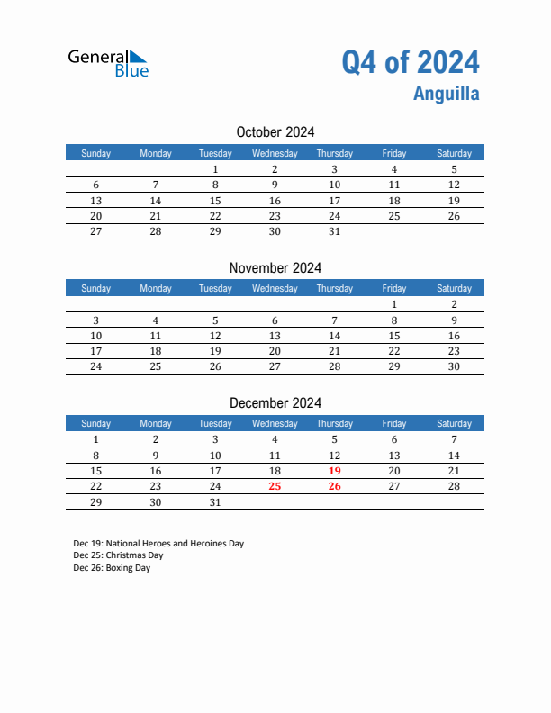 Anguilla Q4 2024 Quarterly Calendar with Sunday Start