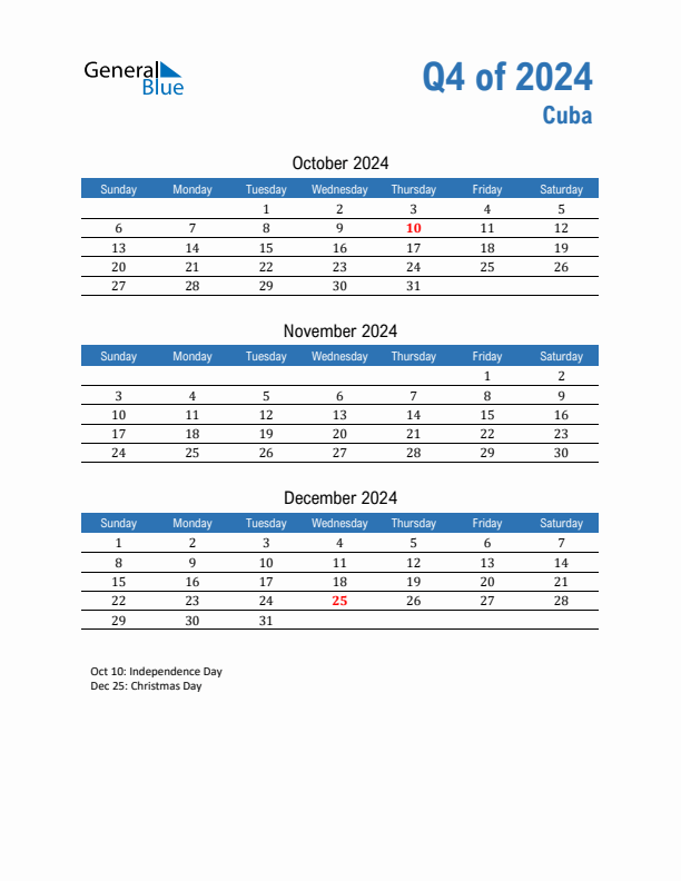 Cuba Q4 2024 Quarterly Calendar with Sunday Start