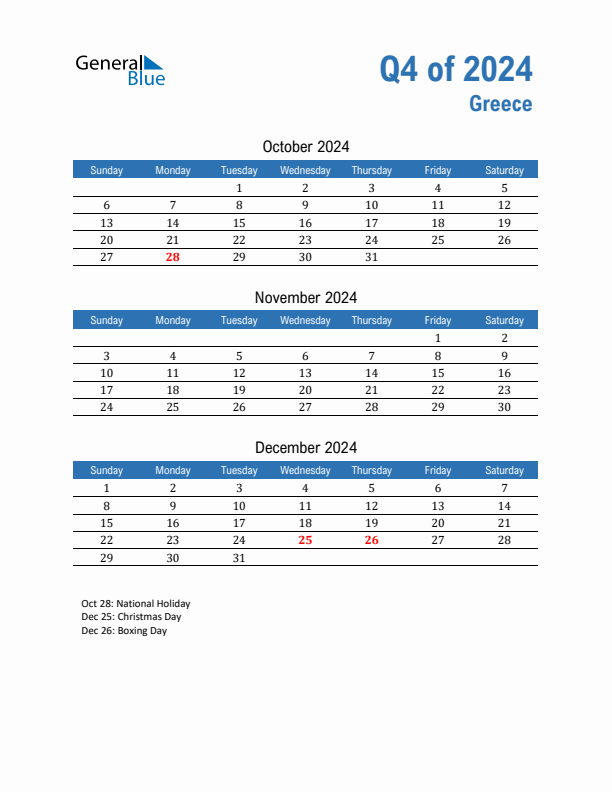 Greece Q4 2024 Quarterly Calendar with Sunday Start