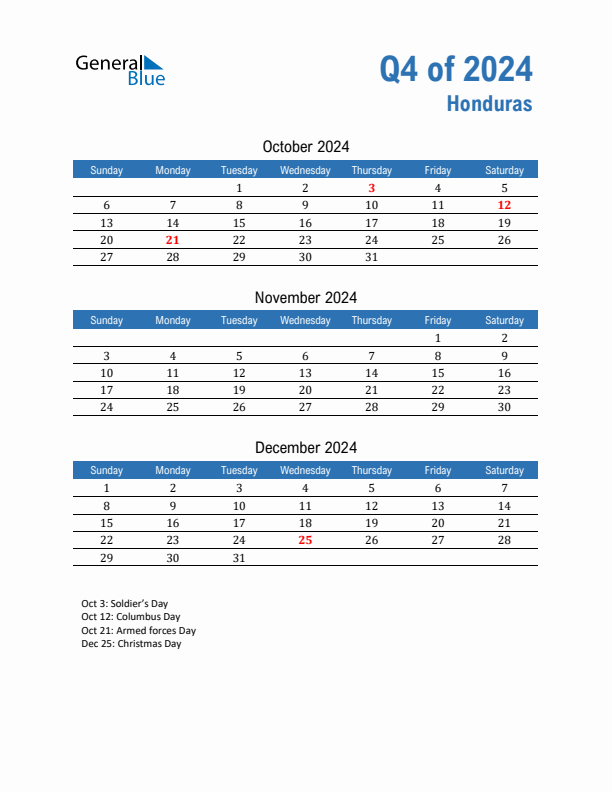 Honduras Q4 2024 Quarterly Calendar with Sunday Start