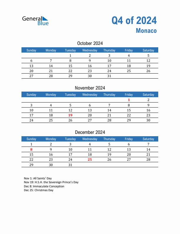 Monaco Q4 2024 Quarterly Calendar with Sunday Start