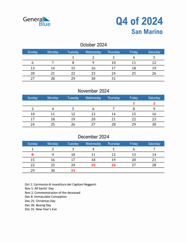 San Marino Q4 2024 Quarterly Calendar with Sunday Start