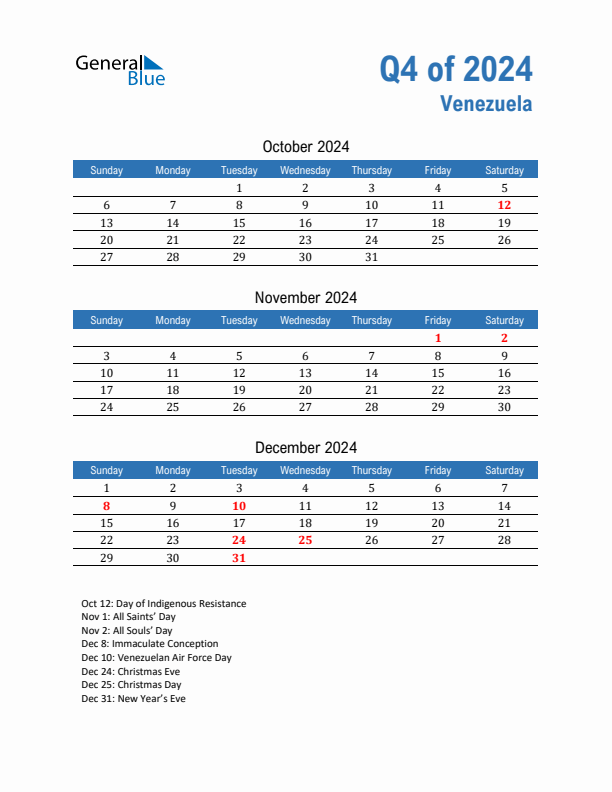 Venezuela Q4 2024 Quarterly Calendar with Sunday Start