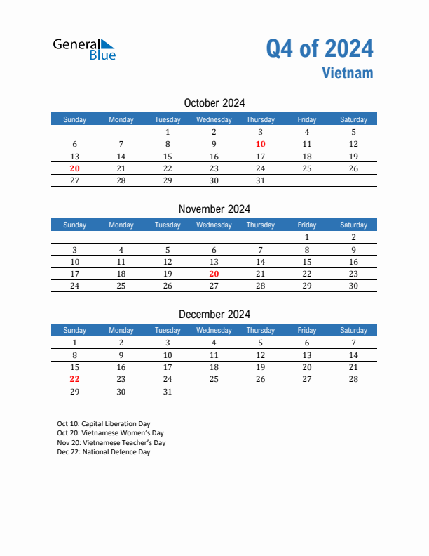 Vietnam Q4 2024 Quarterly Calendar with Sunday Start