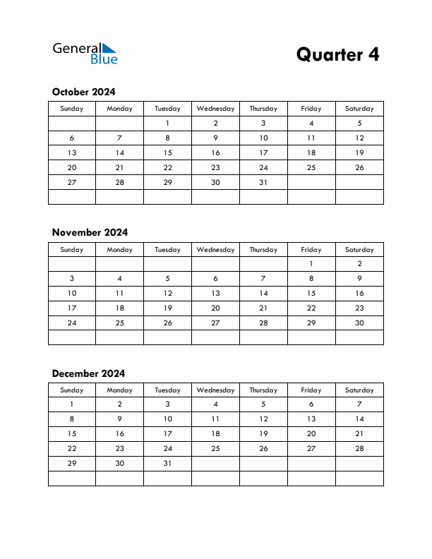 Quarter 4 2024 Calendar - Sunday Start