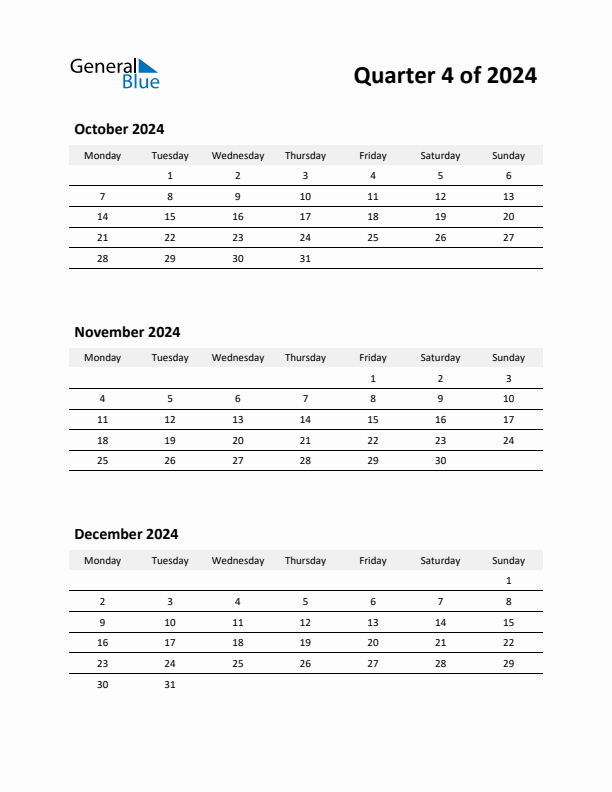 2024 Three-Month Calendar (Quarter 4)