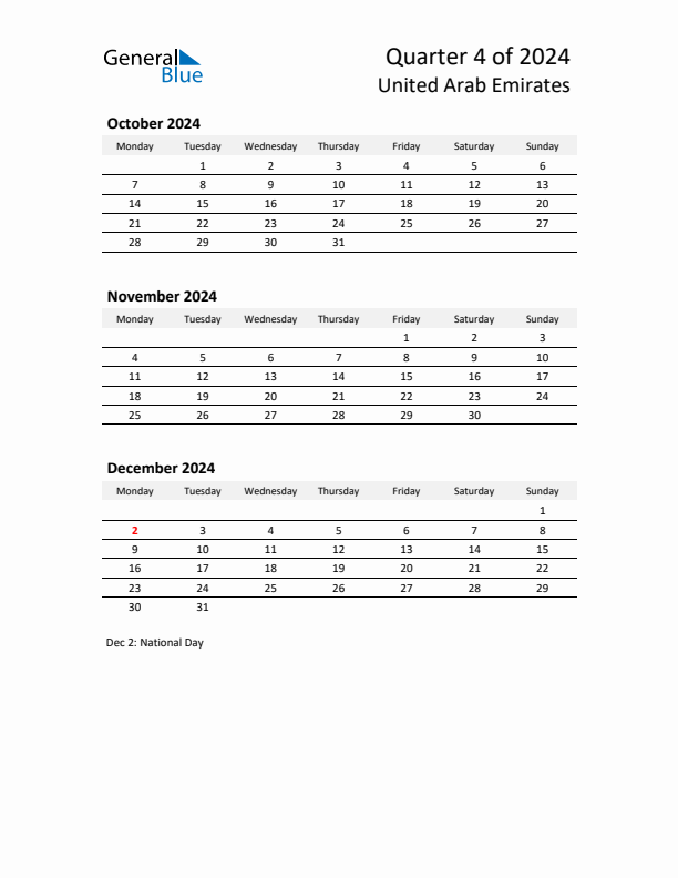 2024 Q4 Three-Month Calendar for United Arab Emirates