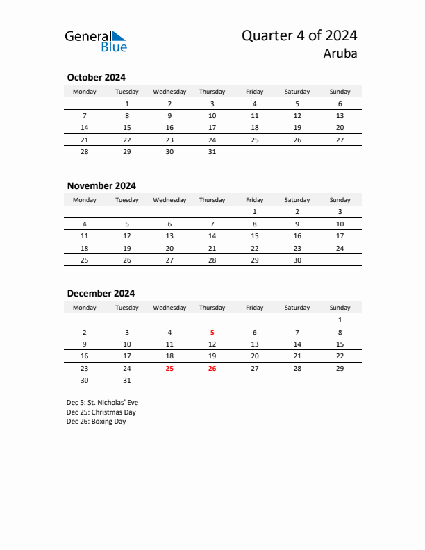 2024 Q4 Three-Month Calendar for Aruba