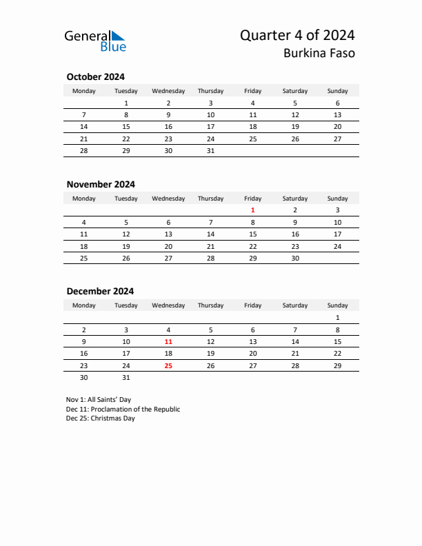 2024 Q4 Three-Month Calendar for Burkina Faso