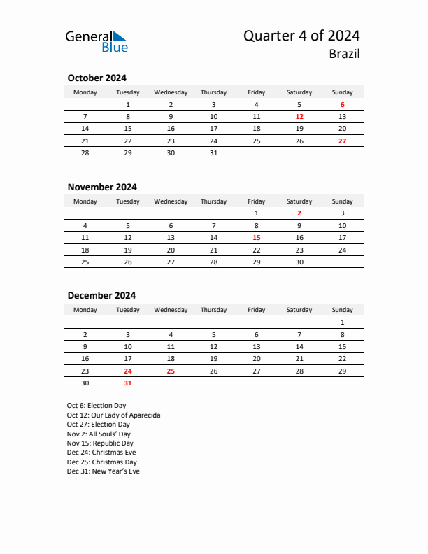 2024 Q4 Three-Month Calendar for Brazil