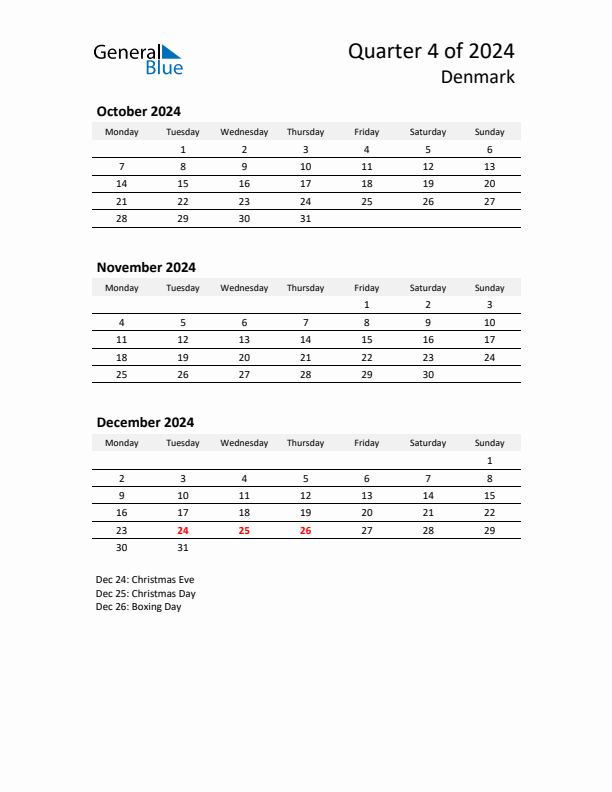 2024 Q4 Three-Month Calendar for Denmark