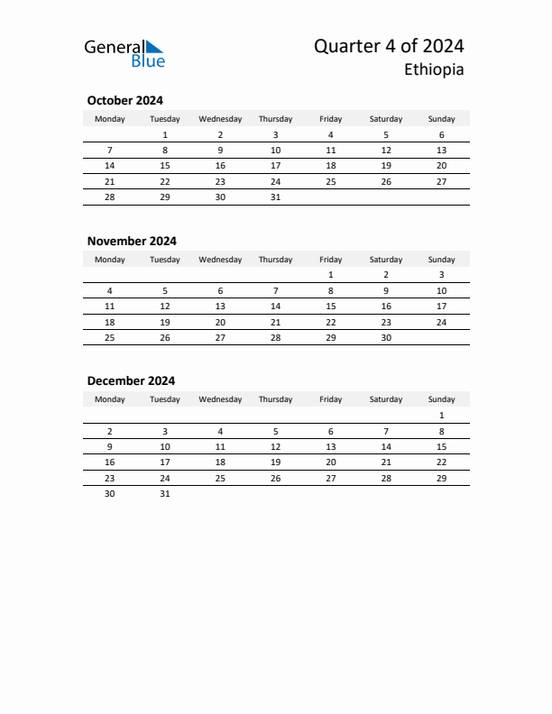 2024 Q4 Three-Month Calendar for Ethiopia