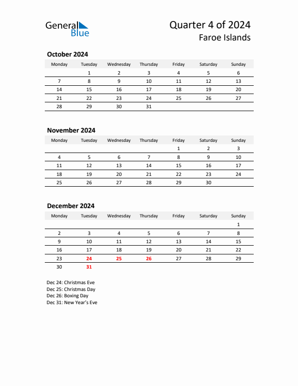 2024 Q4 Three-Month Calendar for Faroe Islands