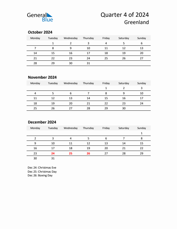 2024 Q4 Three-Month Calendar for Greenland