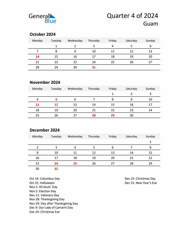 2024 Q4 Three-Month Calendar for Guam