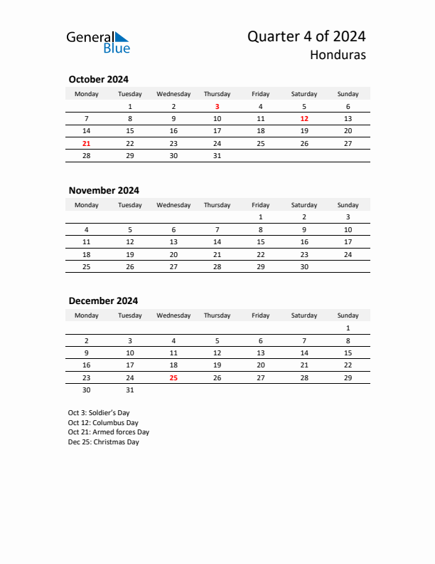 2024 Q4 Three-Month Calendar for Honduras