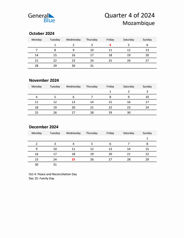 2024 Q4 Three-Month Calendar for Mozambique