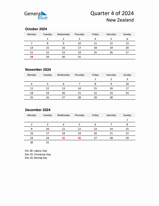 2024 Q4 Three-Month Calendar for New Zealand