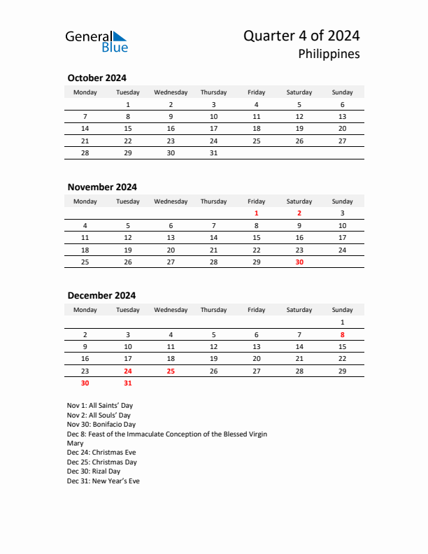 2024 Q4 Three-Month Calendar for Philippines