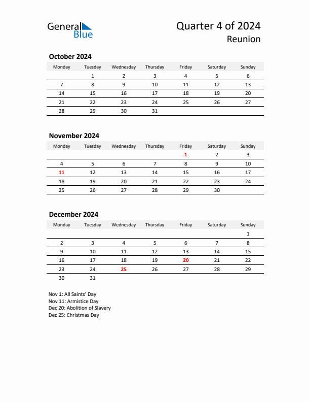 2024 Q4 Three-Month Calendar for Reunion