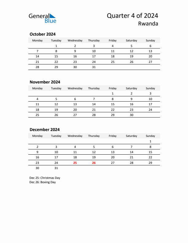 2024 Q4 Three-Month Calendar for Rwanda