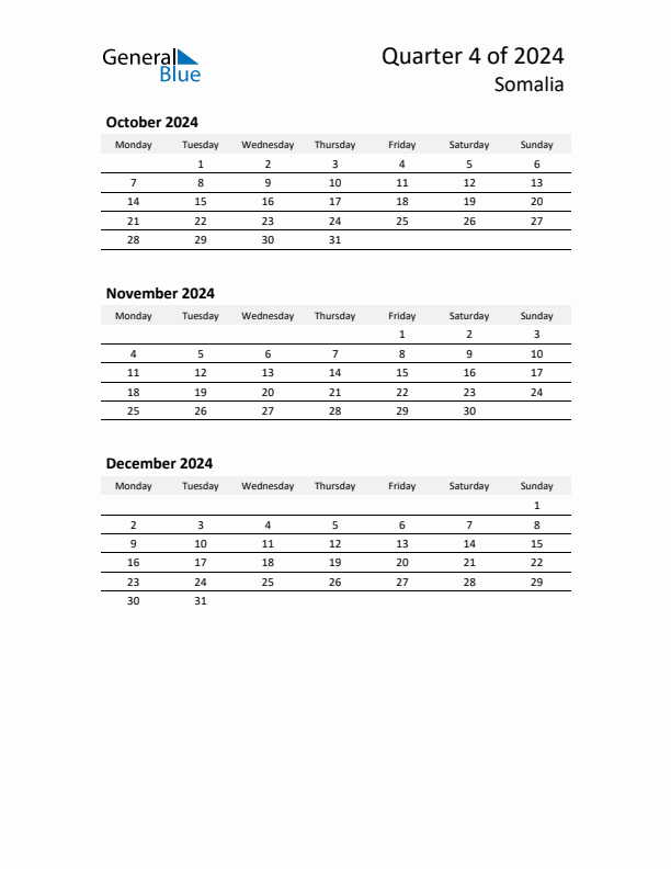 2024 Q4 Three-Month Calendar for Somalia