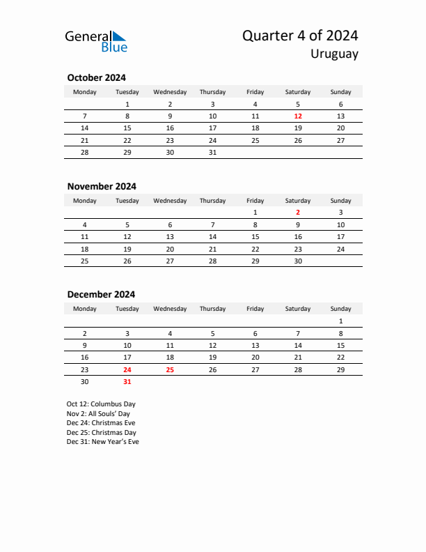 2024 Q4 Three-Month Calendar for Uruguay