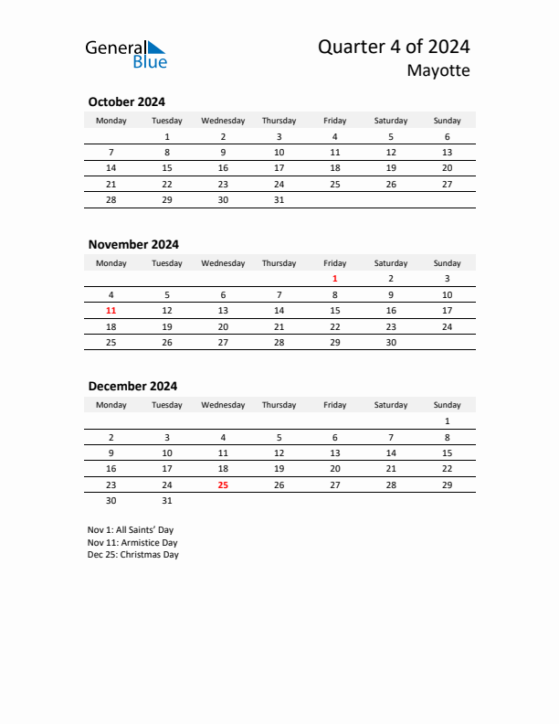 2024 Q4 Three-Month Calendar for Mayotte