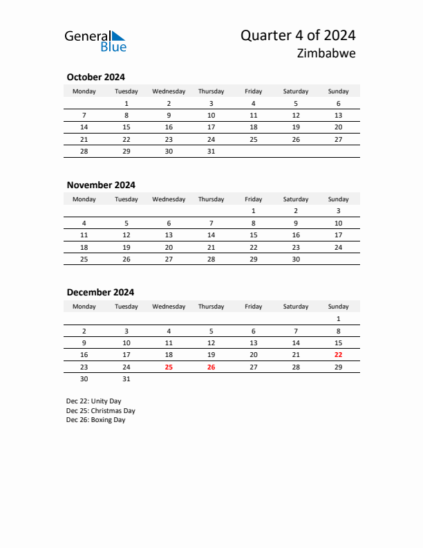 2024 Q4 Three-Month Calendar for Zimbabwe