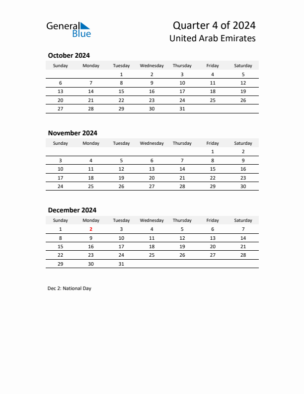 2024 Q4 Three-Month Calendar for United Arab Emirates