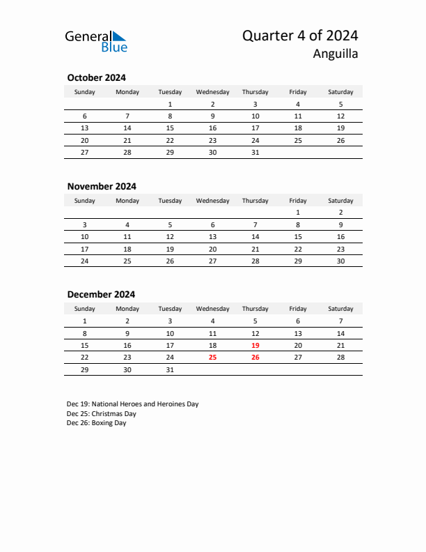 2024 Q4 Three-Month Calendar for Anguilla