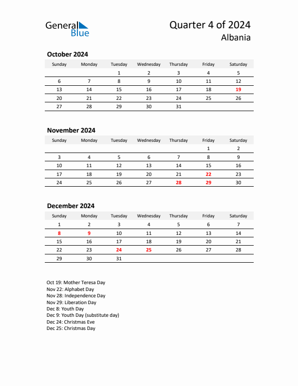 2024 Q4 Three-Month Calendar for Albania