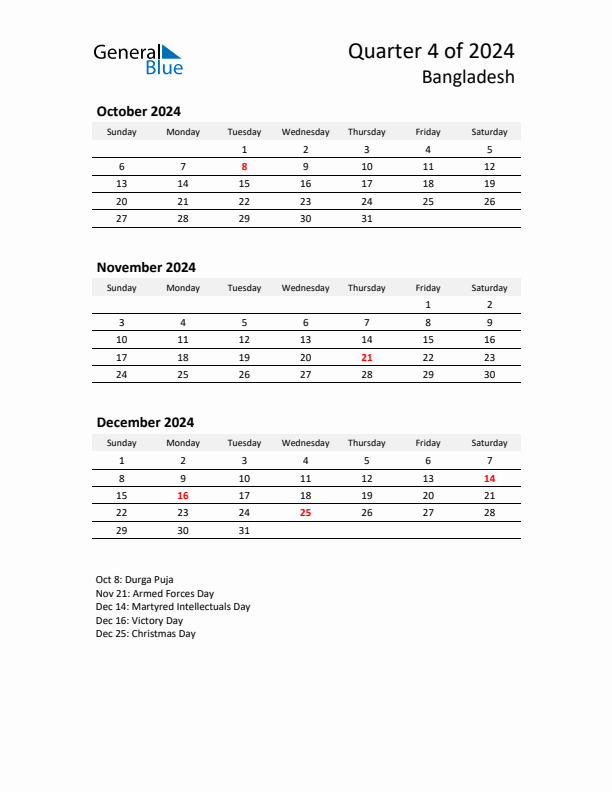 2024 Q4 Three-Month Calendar for Bangladesh