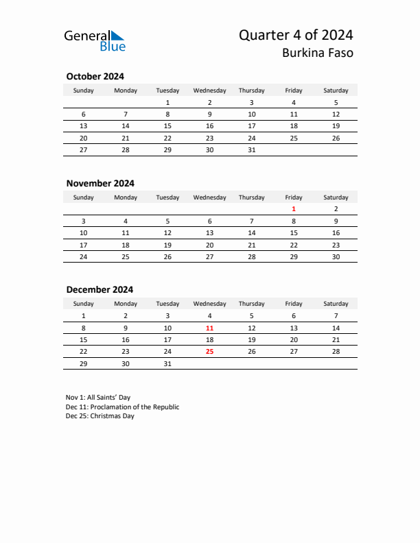 2024 Q4 Three-Month Calendar for Burkina Faso