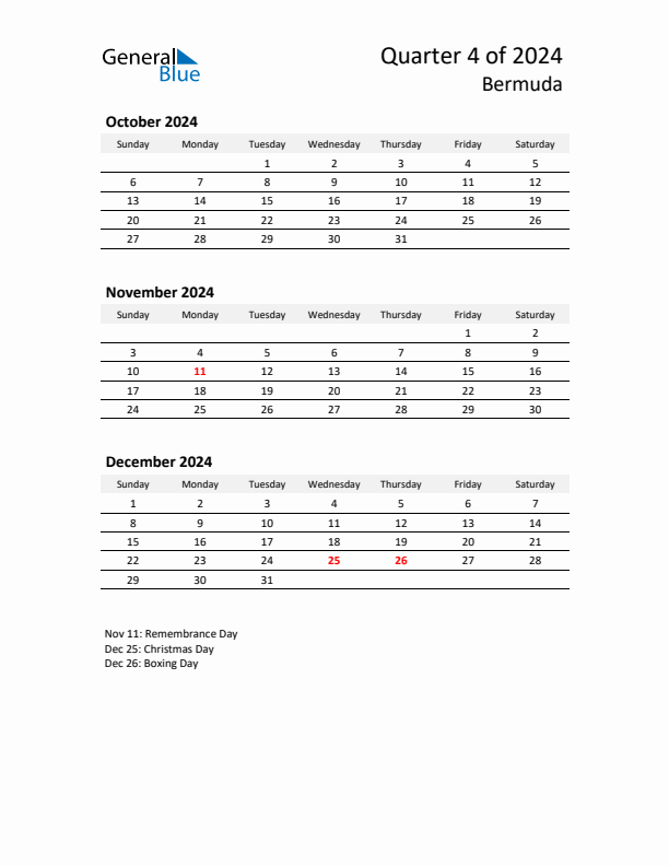 2024 Q4 Three-Month Calendar for Bermuda