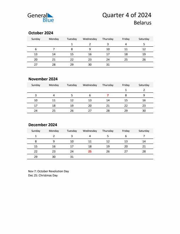 2024 Q4 Three-Month Calendar for Belarus