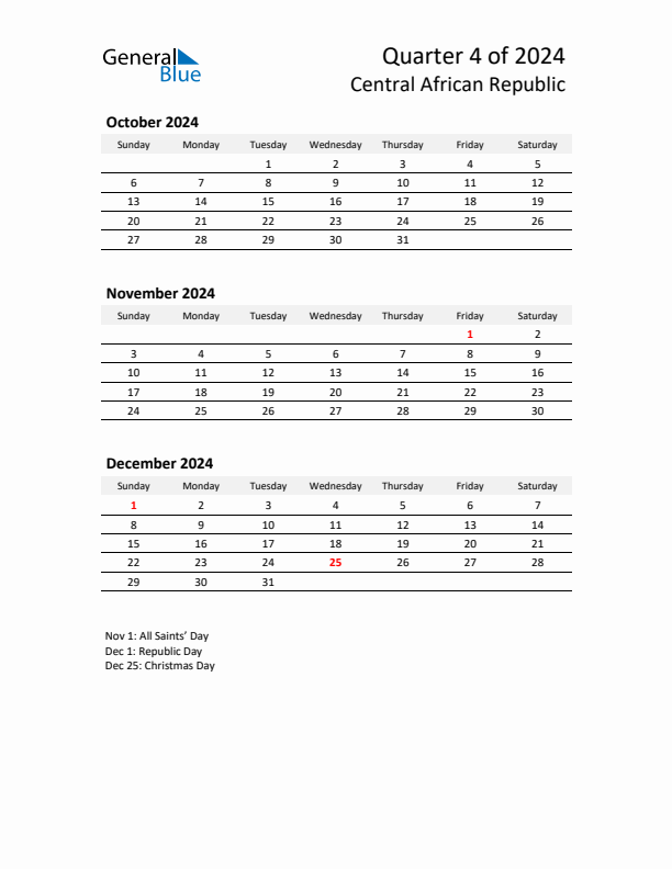 2024 Q4 Three-Month Calendar for Central African Republic