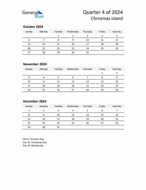 2024 Q4 Three-Month Calendar for Christmas Island