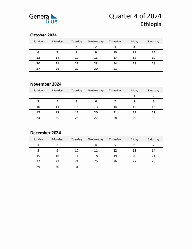 2024 Q4 Three-Month Calendar for Ethiopia