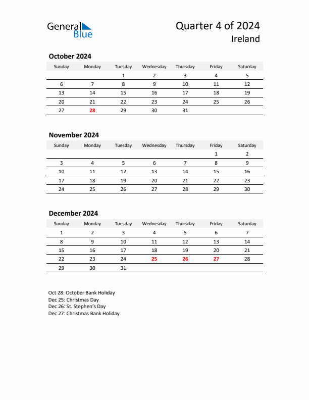 2024 Q4 Three-Month Calendar for Ireland