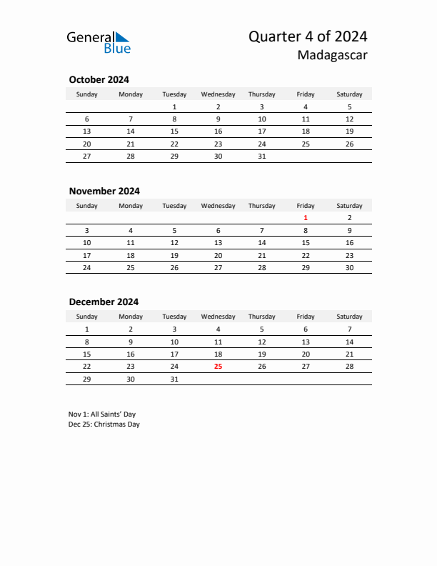 2024 Q4 Three-Month Calendar for Madagascar