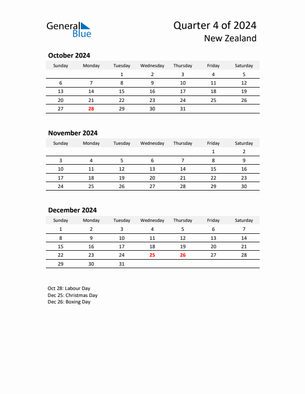 2024 Q4 Three-Month Calendar for New Zealand