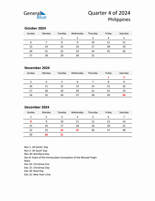 2024 Q4 Three-Month Calendar for Philippines