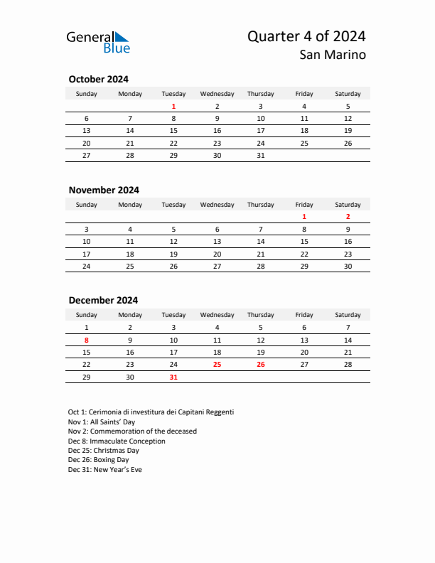 2024 Q4 Three-Month Calendar for San Marino