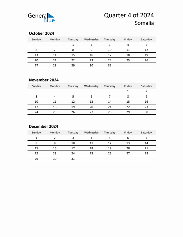 2024 Q4 Three-Month Calendar for Somalia