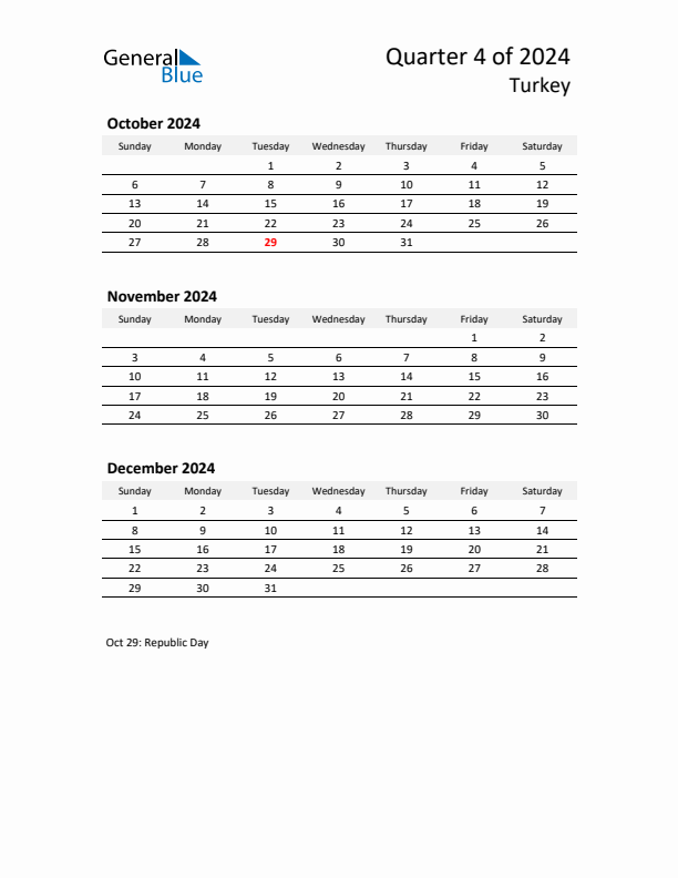 2024 Q4 Three-Month Calendar for Turkey