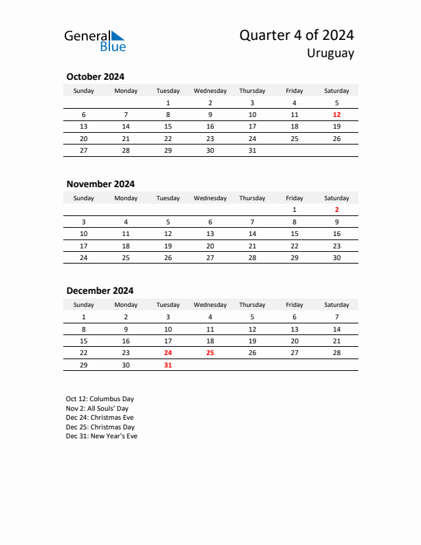 2024 Q4 Three-Month Calendar for Uruguay