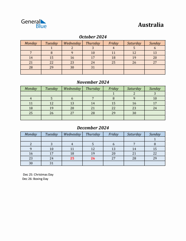 Q4 2024 Holiday Calendar - Australia