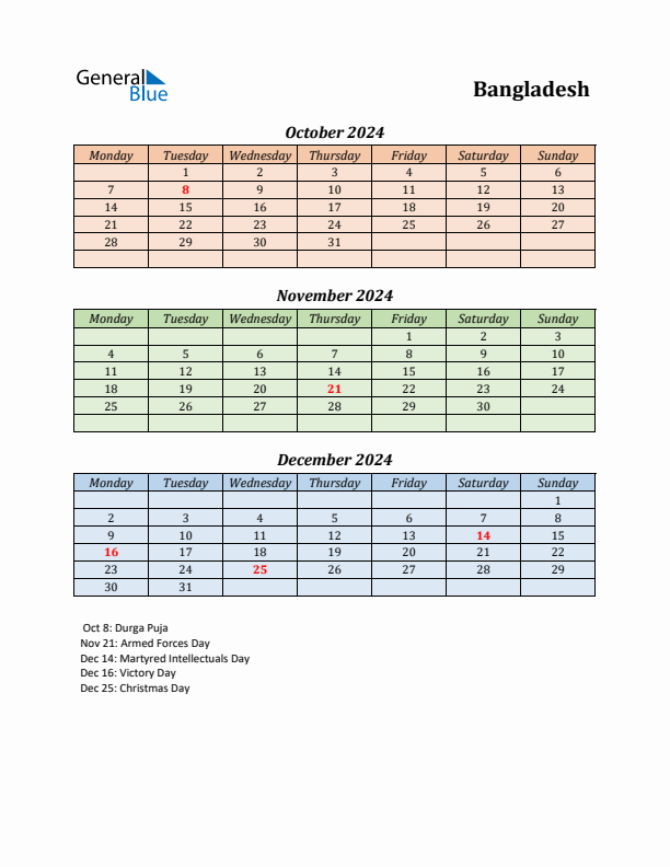 Q4 2024 Holiday Calendar - Bangladesh